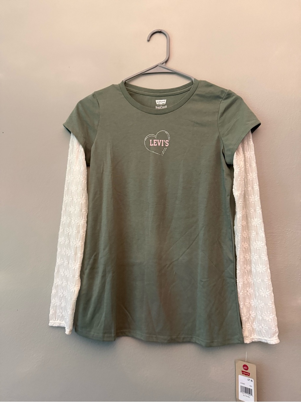 Levi's Girls’ olive green tee with lace-look long sleeves